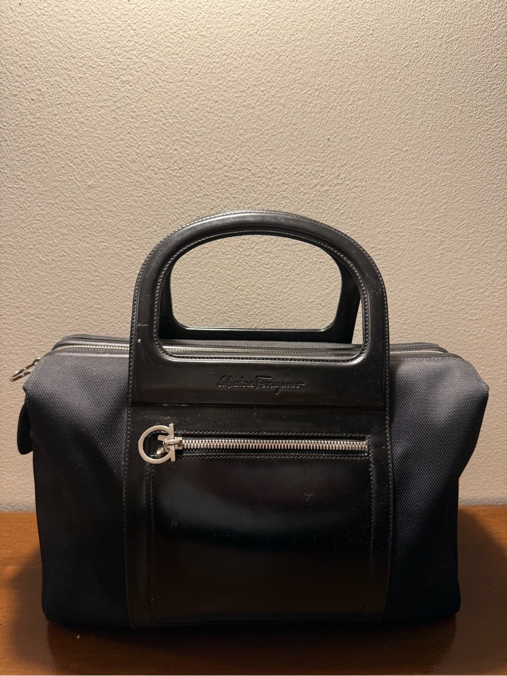 Salvatore Ferragamo Black Leather & Fabric Duffel Bag